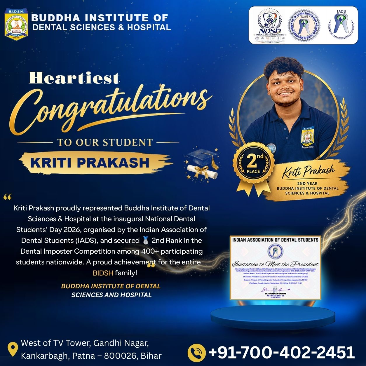 Congratulations poster for Kriti Prakash, second rank in the Dental Imposter Competition